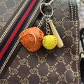 Three-piece baseball keychain set with orange glove, yellow ball and wooden bat on a bag - 2CM Short Bat Yellow Ball Orange Glove