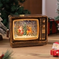 Detail of vintage TV musical box with Santa scene and swirling glitter snow effect - Gold TV Sleigh & Reindeer