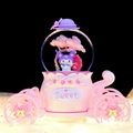 Pink carriage snow globe with purple Kuromi figure and glowing lights labeled Sweet - MK Medium 80 Snowfall + Color Light / 2073 Purple Mimi (Kuromi)