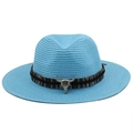 Close-up of sky blue straw hat with ethnic ribbon and vintage silver bull head ornament - M(56-58cm) / Lake Blue