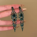Close-up of vintage gold tassel earrings with emerald green rhinestones and water drop gems - Gold Vintage Blue Gem Tassel (22#)