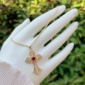 Handcrafted 18K gold plated cross necklace with red gemstone and pearls on twist chain - Red Stone Cross