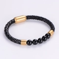 Men's black braided leather bracelet with matte gold magnetic clasp and onyx beads - Gold Magnetic Buckle