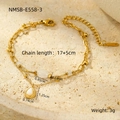 Detail of gold double-layered bracelet with white cat eye stone and teardrop pendant - 18K Gold/17+5cm / White (Opal) (NMSB-E558-3)
