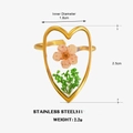 Gold heart stainless steel ring with pink preserved flower and green leaf inlay - Pink Flower Heart Style (款式2)