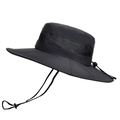 Black outdoor sun hat with wide brim, breathable mesh panel and adjustable wind cord - Black