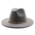 Detail shot of a dark grey wool fedora featuring a bold gold chain band decoration - M (56-58cm) / Light Gray