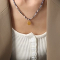 Beaded gold necklace with blue and grey stone accents and vintage oval pendant - 40+8cm / Blue Mixed Beaded Necklace (P1114)