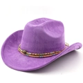 Close-up of purple suede cowboy hat featuring colorful beaded trim and a tiger eye stone - M(56-58cm) / Taro Purple