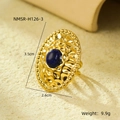 Detailed view of a gold oval ring with blue natural stone and hammered texture measurements - Deep Blue Gemstone Style (NMSR-H126-3)
