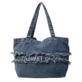 Grand sac cabas en jean pour femme avec détails à franges et broderies vintage - Bleu clair