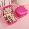 Portable bright pink holographic jewelry box with zipper and interior storage compartments - Rose Multi