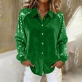 Women green velvet shirt featuring sequined long sleeves and button-up lapel collar - Green