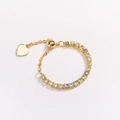 Detail of adjustable chain ring with colorful square-cut stones and heart charm - Adjustable Open / Light Multicolor - Gold