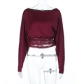Detail of burgundy lace patchwork on the waist of a long-sleeved cold shoulder top - S / Burgundy