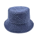 Navy blue denim bucket hat with distressed star patterns and a vintage flat top design - Distressed Bucket Hat / Navy Blue