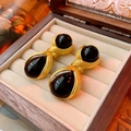 Detail of vintage gold twisted earrings with black gemstones in a velvet jewelry box - 925 Silver Earring Post / Black Waterdrop