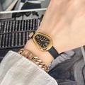 Women's gold snake head watch with a textured black leather strap and black dial - Gold Case Black Dial Black Strap