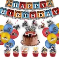 Motorcycle birthday party set with racing banner, cake toppers and colorful balloons - Five-Piece Set