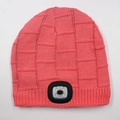 Pink knitted beanie hat featuring integrated LED light for outdoor night illumination - 4-LED Lined Style / Pink
