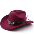 Detail of burgundy suede cowboy hat with brown leather band and embossed eagle buckle - M (56-58cm) / Burgundy