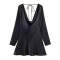 Detail of the elegant cowl neck and silky satin texture on this black mini dress - XS / Black