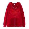 Red zip-up hoodie featuring a spider web heart print in a comfortable oversized fit - Red (Red Spider Web Heart)