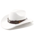 Close-up of white western wool hat featuring brown leather band and silver bull head charm - M (56-58cm) / Pure White