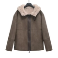 Giacca da uomo marrone scuro in scamosciato con cappuccio e fodera in caldo pile beige - XS / Marrone