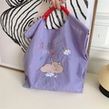 Purple Oxford tote bag with cute elephant embroidery and red woven handles - Purple Enjoying Elephant