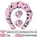 Pink leopard plush headband and wristband set for face washing with soft velvet texture - 3-Piece Set (Headband & Wristbands) / Pink Leopard