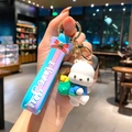 Cute Pochacco anime keychain with blue shirt, green bag and blue-pink hand strap - Blue Pochacco (B473-4) / Single Piece