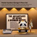 Panda storage set with golden tray leather box and wooden shelf for home entryway - Panda Yuanbao Storage 4-Piece Set A