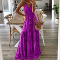 Bohemian purple floral V-neck maxi dress for women with elegant high waist and long hemline - S / Purple