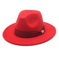 Detail of red wool felt fedora featuring a deep red ribbon and sparkling rhinestone buckle - M(56-58cm) / Red