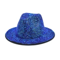 Detailed view of royal blue fedora hat with sparkling rhinestones for stage performance - Electric Blue Rhinestones (4#)