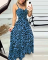 Detail of blue leopard print maxi dress with elastic high waist and flowing hemline - S / Dresses / Blue Leopard