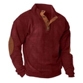 Detail of burgundy corduroy jacket featuring brown leather patches on elbows and collar - 3XL / Tops / Burgundy