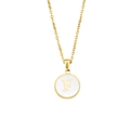 Gold stainless steel necklace featuring letter F on a white round pendant inlay - Letter F