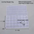 Detail view of 36-grid clear PP plastic storage box with precise compartment dimensions - Fixed 28 Compartments/22.5x13.5x2cm
