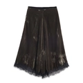 Elegant dark green velvet skirt with a black lace hem and a high waist A-line design - XS / Coffee