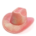 Detail view of pink coral cowboy hat featuring shimmering glitter texture and creased crown - 58cm / Orange Red