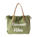 Green fabric Summer Vibes tote bag with white embroidery, fringe detail and leather handles - 46*33*19 / Green