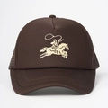 Detailed view of dark brown mesh trucker hat featuring vintage cowboy embroidery - Adjustable / Coffee
