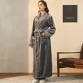 Elegant grey thick flannel bathrobe for men and women featuring white trim and waist tie - Elegant Grey (Women)