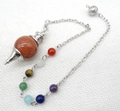 Goldstone crystal dowsing pendulum with seven chakra beads and silver metal chain - Red Agate