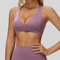 Mauvekleurige yogaset met diepe V-hals halterbeha en legging met hoge tailleband - L / Middelgrijs Paars