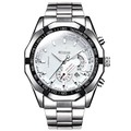 Men's silver stainless steel chronograph watch with white dial and black tachymeter bezel - Silver Case White Dial Steel Strap
