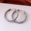 Detailed view of grey wool knit hoop earrings with warm winter texture and gold metal clasp - Silver Earring Post - Grey
