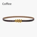 Slim coffee brown leather belt for women featuring a matte gold wavy metal buckle - Coffee
